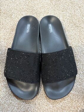 Michael Kors Black Beaded Slide Sandals with Sparkle Upper